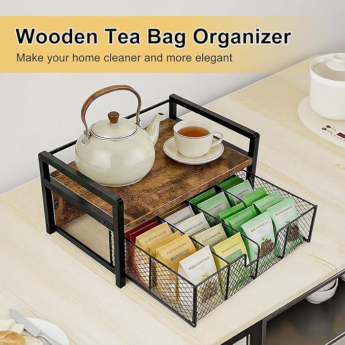 Tea Bag Organizer Wood Tea Organizer with 8 Compartments Storage Chests Tea Station Chest Display Container Box for Countertop Kitchen
