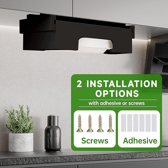 Paper Plate Dispenser Under Cabinet - 10 inch Bamboo Paper Plate Dispenser, Kitchen Counter Vertical Holder Organizer Countertop Caddy Black