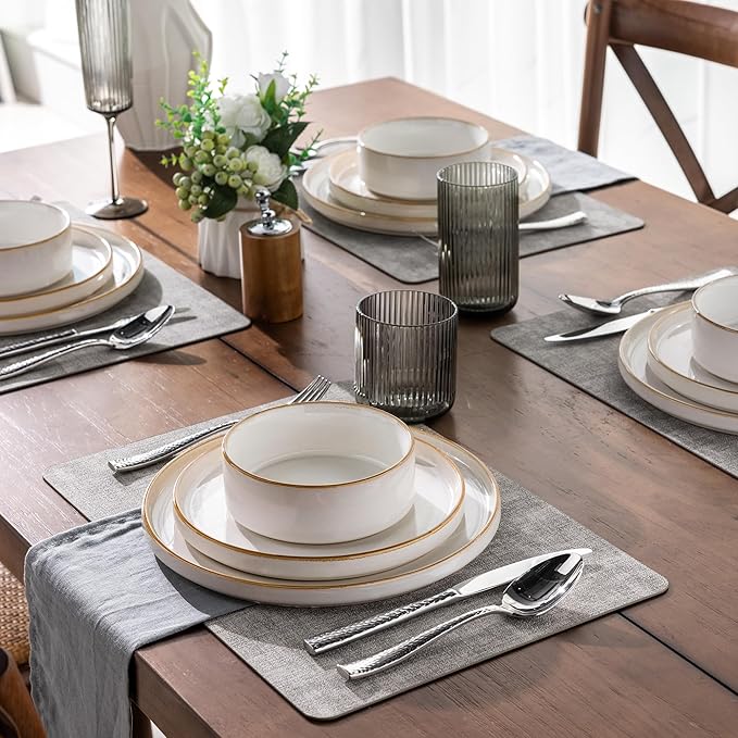 GBHOME Ceramic Dinnerware Sets for 4, 12 Pieces Stoneware Plates and Bowls Sets, Reactive Glaze Dishes -Scratch Resistant, Dishwasher&Microwave Safe-Pearl White