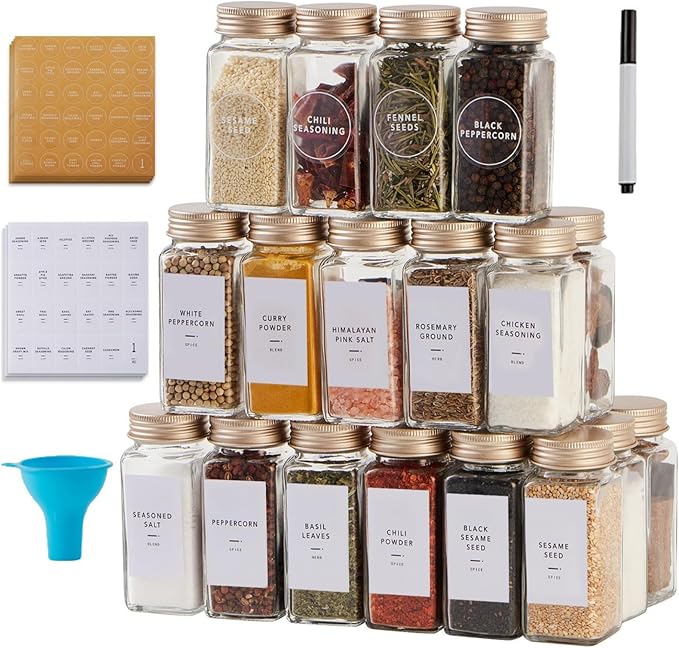 25 Pcs Spice Jars with Label- Glass Spice Jars with Gold Metal Caps,Shaker Lids, Funnel, Chalk Pen, Skiileor 4oz Seasoning Containers Bottles for Spice Rack, Cabinet, Drawer