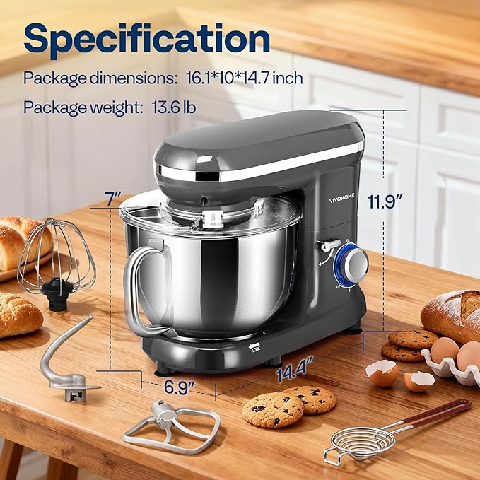 VIVOHOME Stand Mixer, 660W 10 Speed 6 Quart Tilt-Head Kitchen Electric Food Mixer with Beater, Dough Hook, Wire Whip and Egg Separator, Gray