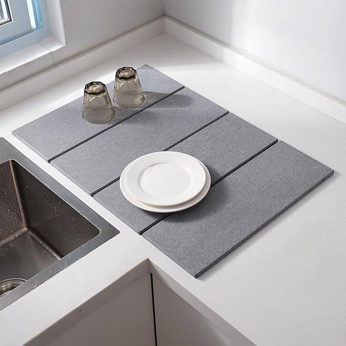 Stone Drying Mat Foldable for Kitchen Counter, Dirt-Resistant Quick Drying Fast Absorbent Non-Slip Diatomite Mat, Natural Diatomaceous Earth Dish Drying Pad for Dish Rack