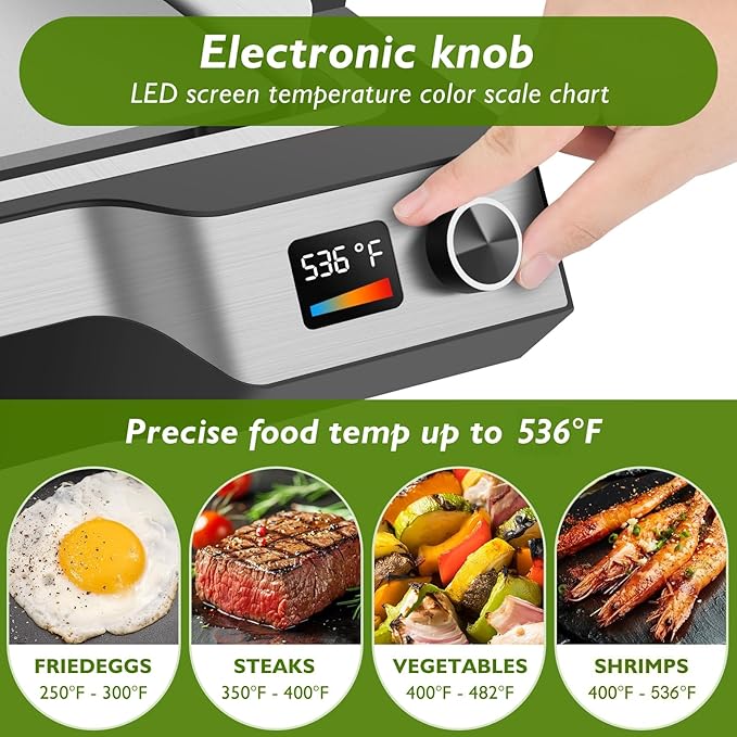 Electric Griddle 536°F Max Temp, Electric Grill Indoor Outdoor 14", Dishwasher-Safe Indoor electric skillet, Nonstick Flat Top Grill 5mm Stainless Steel Plates, Spatula & Fork