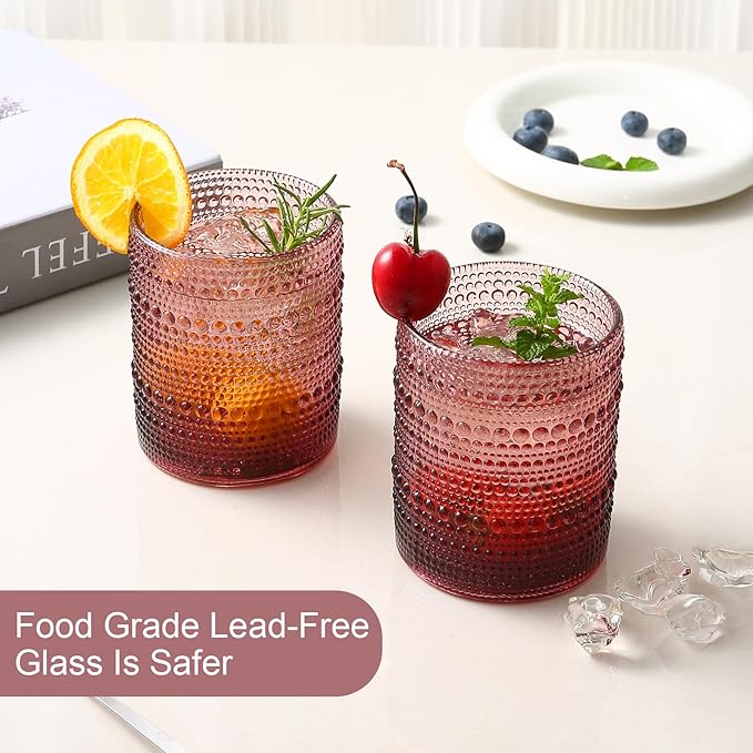 ZMOWIPDL Vintage Glassware Drinking Glasses Set of 6,12 oz Hobnail Glass Cups,Embossed Purple Water Tumbler,for Beer,Cocktail,Whiskey,Juice and Various Mixed Drinks- 1 Cleaning Brush