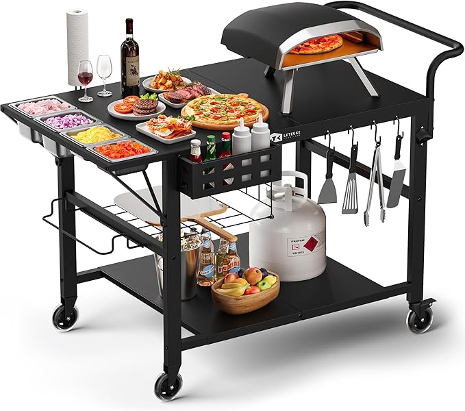 Leteuke Pizza Oven Table, Grill Cart Table for Blackstone Griddle, Outdoor Pizza Oven Stand Fits Ninja, Cuisinart, Gozney, Solo Stove, BBQ Prep Tables Station with Seasoning Tray, 47"x27.5"x30"