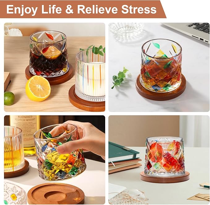 Rotatable Old Fashioned Glass Cup, 275ml/10oz Crystal Whiskey Glass, Wood Coaster, Thickening, Used as Rum Glass, Cocktail Cup, Coffee, Milk to Relax and Reduce Stress, Ideal Gift