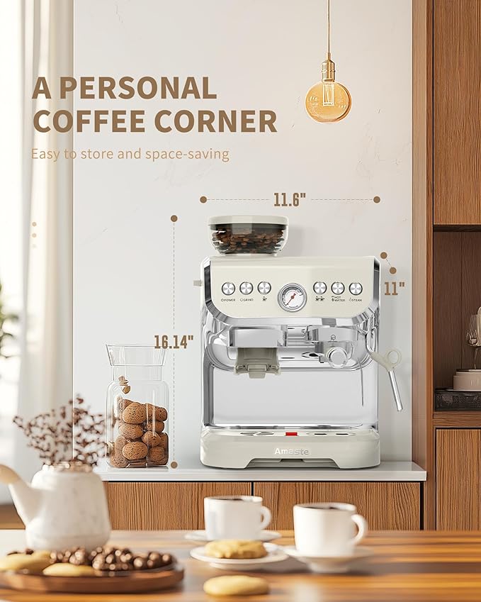 Amaste Espresso Machine with Grinder, 15 Bar Espresso Machine with Steam Wand for Latte and Cappuccino, 68Oz Water Tank, Pre-Infuse Brewing, Espresso Coffee Maker for Home Use, Barista Kit, White