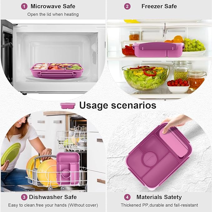 Amathley Bento Box Adult Lunch Box Kids,Lunch Containers for Adults/Kids/Toddler,5 Compartments Bento Lunch Box with Sauce Vontainers,Microwave & Dishwasher & Freezer Safe,BPA-Free (Purple)