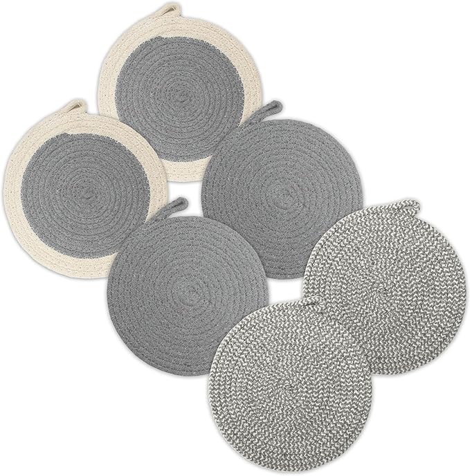 Encasa XO Round Trivet Mats for Hot Dishes with Hanging Loop | Grey Combo - Set of 6 with 7 inch Diameter | Cotton Round Thick Heat Resistant Pot Holders | Use Hot Pads Plate Mats for Hot Pots & Pans