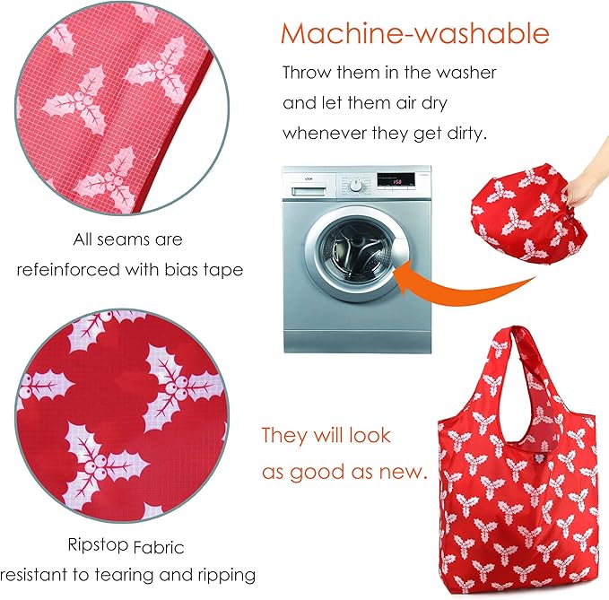 BeeGreen Christmas Red Reusable Grocery Bags 12 Pack with Storage Pouch & Elastic Band Gift Bags Shopping Tote Bags Bulk Ripstop 50LBS Extra Large Machine Washable
