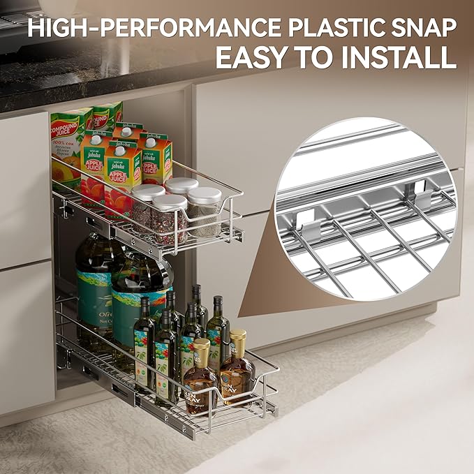 2 Tier Pull Out Cabinet Organizer 15" W X 17" D, Slide Out Drawers for Kitchen Cabinets, Pull Out Drawers for Cabinets Capacity Heavy Duty Caddy, Cabinet Pullout Shelves Chrome-Plated,Bathroom Pantry