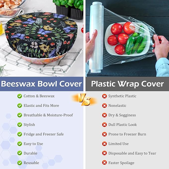 5-Size Reusable Beeswax Bowl Covers for Bread Proofing, Cotton Cloth Flexible Beeswax Wraps for Food Storage(Honeybee)