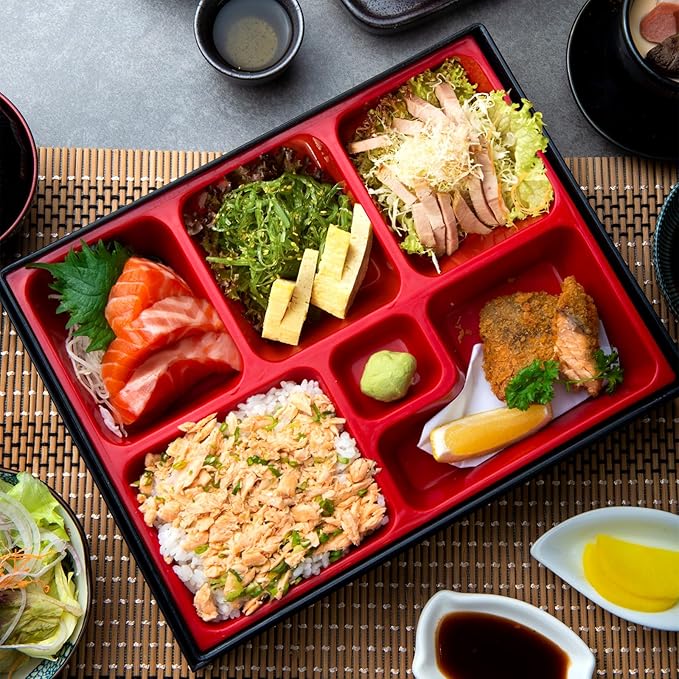 Teenyyou 2 Pcs 10.6 x 8.3 x 2.2 Inch Japanese Bento Box 6 Compartments Divided Lunch Box with Greaseproof Adult Japanese Bento Lunch Container Sushi Home Restaurant