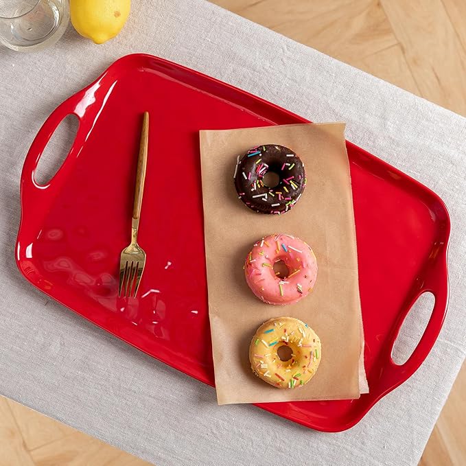 LEHAHA Large Christmas Melamine Serving Tray with Handles, Rectangular Serving Platter, Set of 2, 19''x12'' Turkey/Barbecue/Food/Grilling Prep and ServeTray. Bright White and Christmas Red