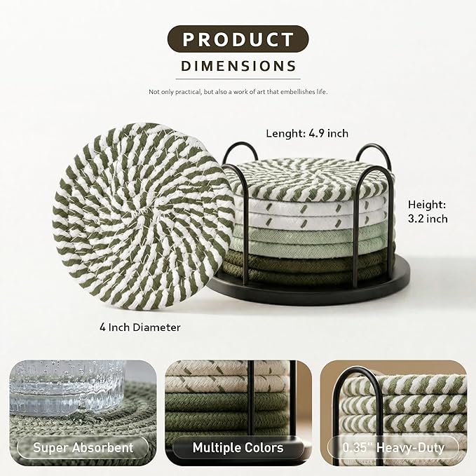 Lazebox Coasters Set of 8 for Drinks, 4 Inch Large Coasters for Coffee Table, Tabletop Protection for Hot & Cold Drinks, Versatile Coasters for Home Decor, Non-Slip & Easy to Clean