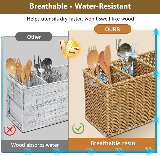 Extra Large Kitchen Utensil Holder with 4 Compartments, Handwoven Resin Wicker Utensil Caddy, Farmhouse Rustic Flatware Organizer for Countertop, Quick-Dry Storage Basket