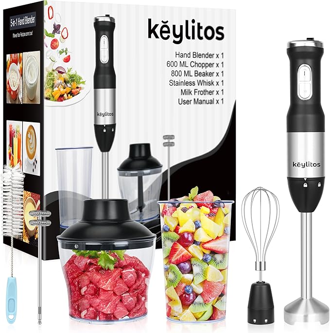 5 in 1 Immersion Hand Blender Mixer, [Upgraded] Handheld Stick Blender with 600ML Chopper, 800ML Beaker, Whisk and Milk Frother for Smoothie, Baby Food, Sauces Red,Puree, Soup (Black)