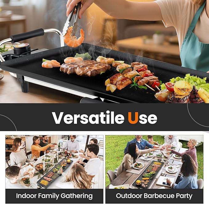 Nightcore 35" Large Electric Griddle, Teppanyaki Grill w/Adjustable Thermostat, Insulated Handles, Drip Tray & Nonstick Surface, Pancake Griddle, Indoor Outdoor Tabletop BBQ Grill for Party Camping