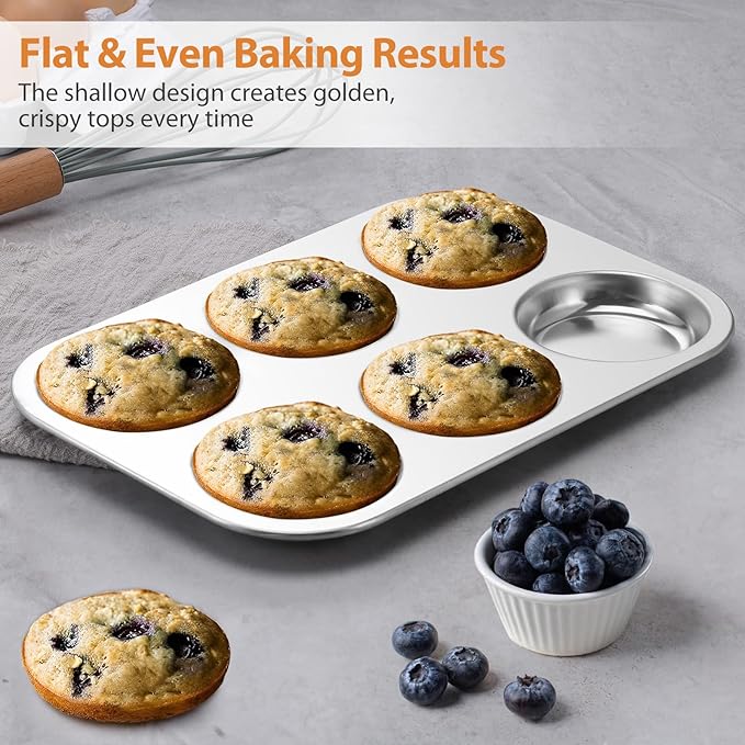 E-far Muffin Top Pan, Stainless Steel 6-Cavity Shallow Cupcake Pan for Baking Whoopie Pie, Yorkshire Pudding, Eggs, Cornbread, Drop Cookies, Non-toxic & Standard Size, Oven & Dishwasher Safe