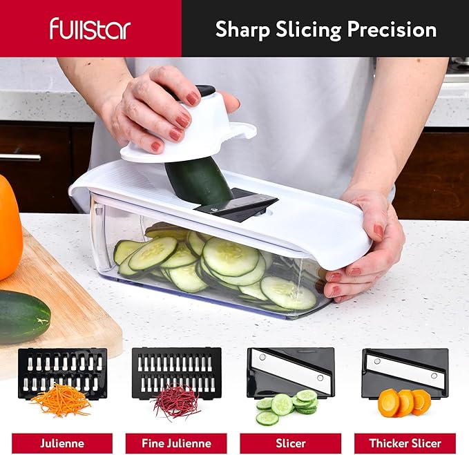 Fullstar Mandoline Slicer for Kitchen - Vegetable Chopper, Onion Potato Food Veggie Fruit Slicer and Cutter with Container, Kitchen Gadgets & Gifts, Home Essentials (All-in-1, White/Black)