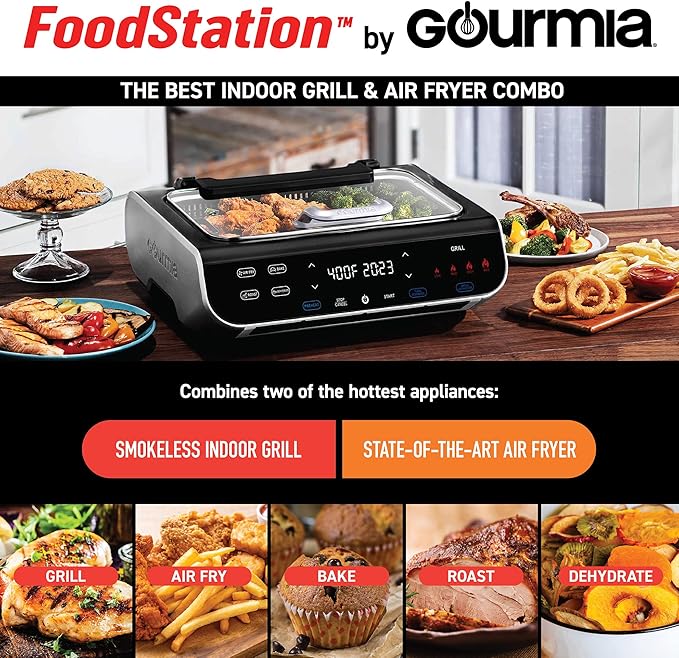 Gourmia Smokeless Indoor Grill & Air Fryer raclette grill with Smoke Extracting Technology Extra-Large Nonstick Cooking electric grill indoor Korean BBQ Style 6 Quart FoodStation™
