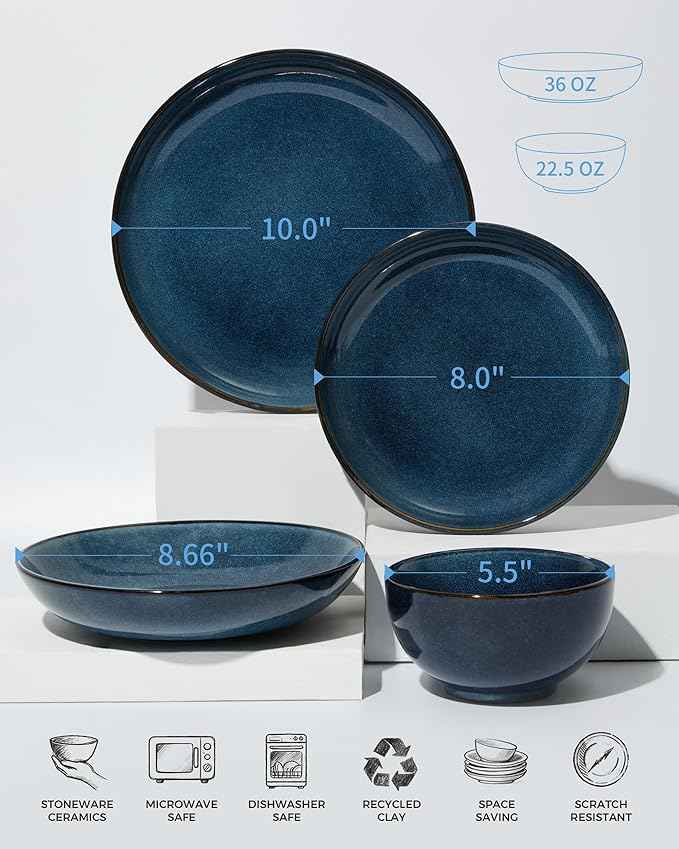 16 Piece Double Bowl Dinnerware Sets with Pasta Bowls, Highly Chip and Crack Resistant Plates and Bowls Sets, Natural Earthyware Ceramic Dishware Sets, Service for 4 Starry Blue