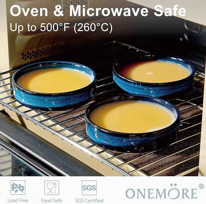 ONEMORE 4 oz Ramekins Oven Safe, Ceramic Ramekins for Creme Brulee, Custard, Pudding, Souffle, Blue Shallow Ramekin Dishes, Small Porcelain Ramekin Set of 6 for Baking & Serving