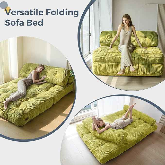 MAXYOYO Folding Sofa Bed, Convertible Sleeper Chair with Pilow Foldable Matress with Back Support, Portable Fold Out Chair Bed for Living Room Bedroom, Green Double