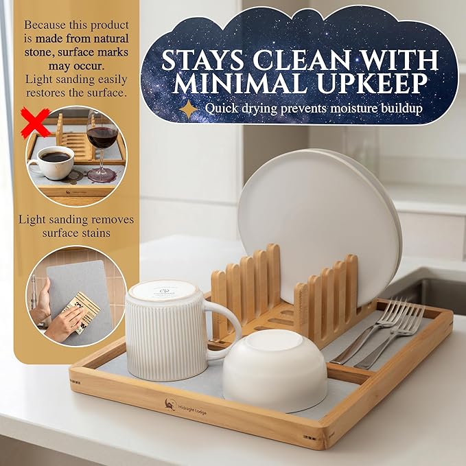 Bamboo & Teak Dish Drying Rack with Fast-Absorbing Stone Base — Made for Small Kitchens & Apartments, Collapsible Dish Holders, 12" x 13.9", No-Drip, No-Puddles – Midnight Lodge
