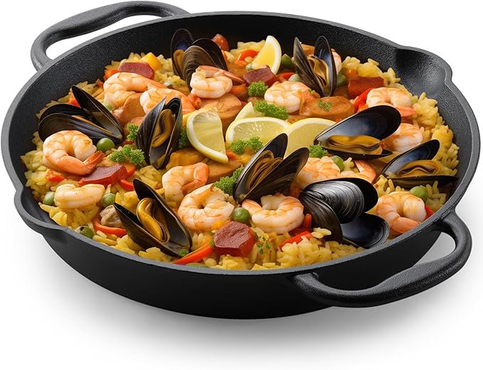 Navaris Cast Iron Skillet - 12"(30cm) Pre-Seasoned Frying Pan with Double Handles, Pour Spouts, for Oven, Stovetop, Grill & Campfire, Non-Toxic, Heavy-Duty, Even-Heating Cookware