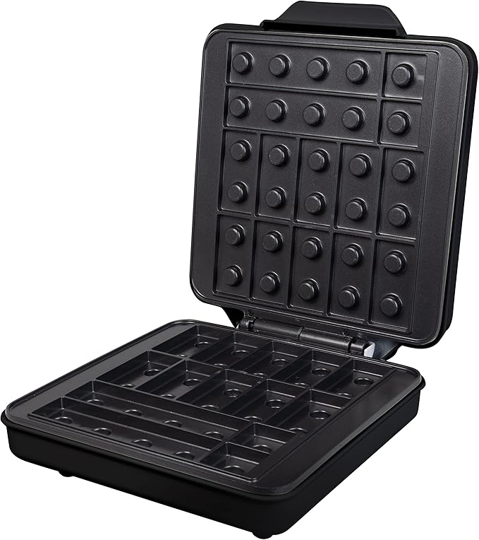Building Brick Electric Waffle Maker- BLACK with 2 Construction Eating Plates- Cook Fun Shaped Waffles Pancakes like Houses, Cars & More- Stack & Build Creations on Serving Dishes, Morning Activity