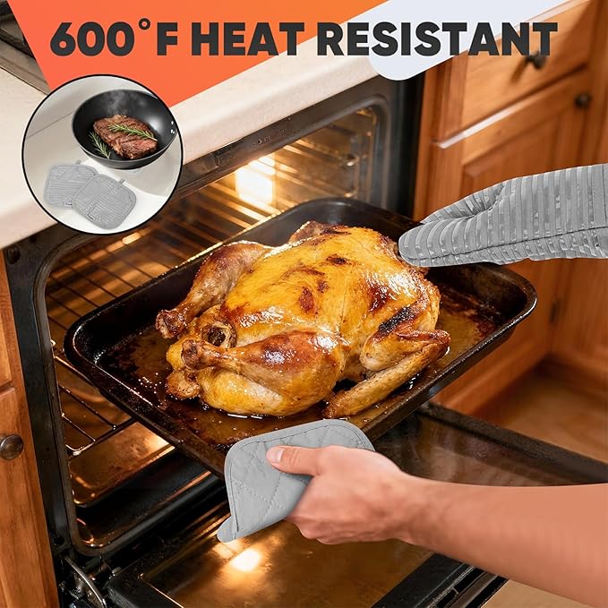 Oven Mitts Kitchen Towels and Dishcloths with Pot Holders Sets, Oven Gloves Hot Pads 500°F Heat Resistant with Silicone Grip, Include 2 Cooking Gloves/2 Potholders/4 Kitchen Towels/4 Dish Towels-Gray