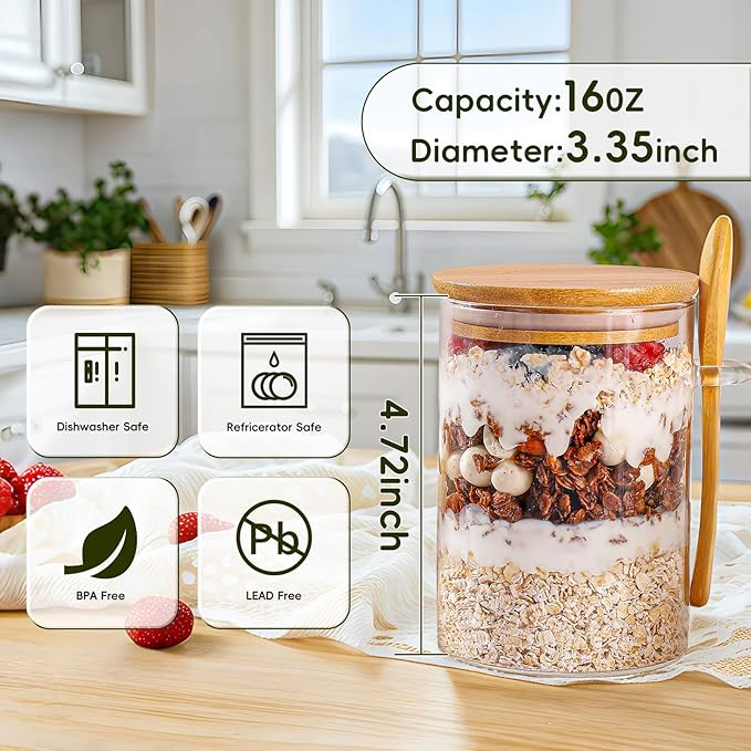 MHDCLY Overnight Oats Containers with Lids,16oz Overnight Oats Jars 4 Pack, Oatmeal Cups,Meal Prep Containers,Glass Meal Prep Containers with Lids,China Pudding Jars