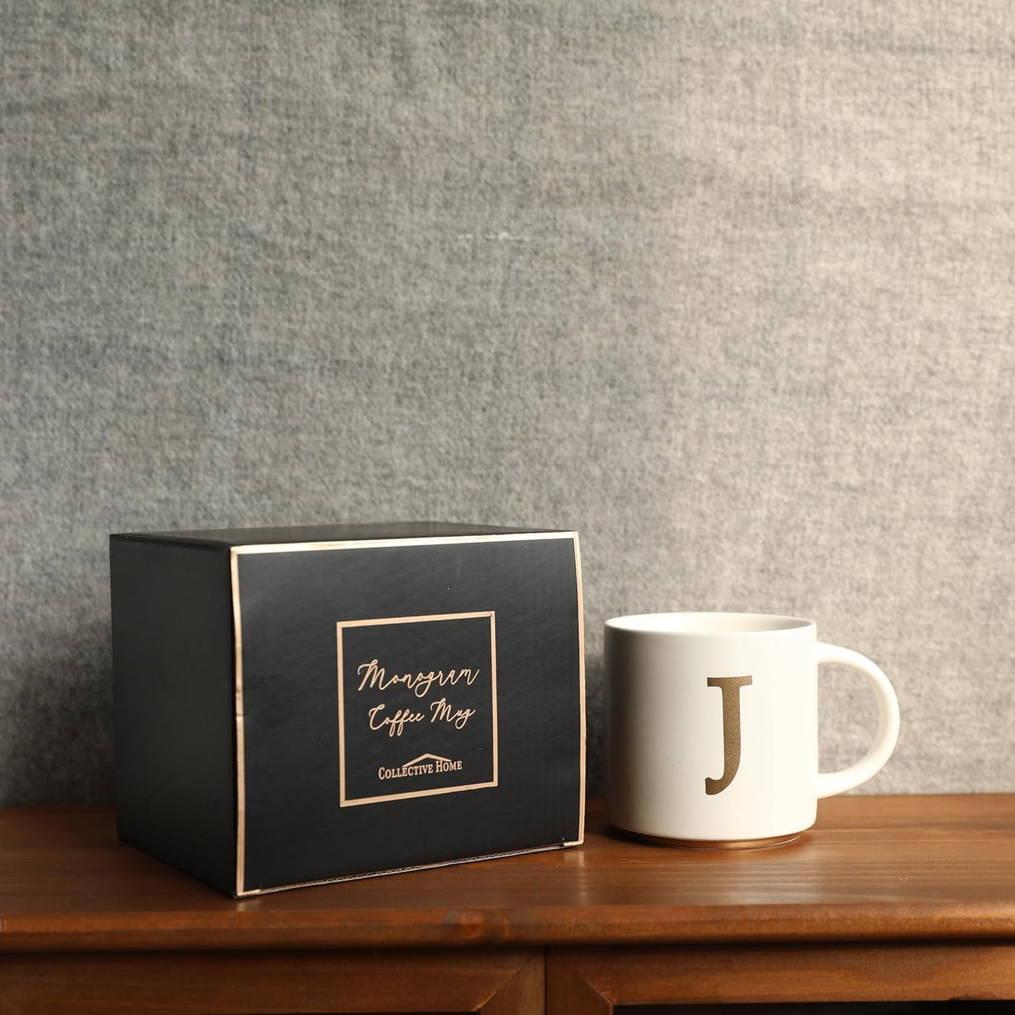 COLLECTIVE HOME - Monogram Ceramic Mugs, 15 oz Golden Initial Coffee Cups, Elegant Alphabet Tea Mugs, Elegant Personalized Mug with Gift Box, Unique Mug with Double Side Capital Letter (J)