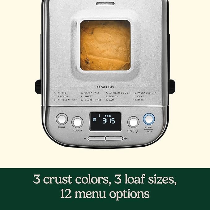 Cuisinart Bread Maker Machine, Stainless Steel Automatic Bread Machine with 12 Menu Options, 3 Loaf Sizes up to 2 Lb., 3 Crust Colors, Removable Nonstick Baking Pan & Kneading Paddle, CBK-110NAS
