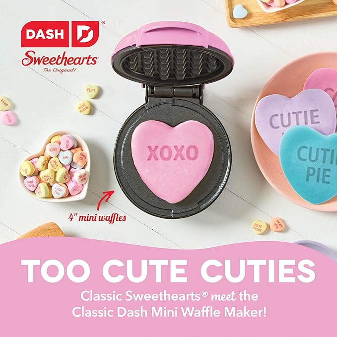 Dash & Sweethearts® Mini Waffle Maker- Mini Machine for Creative Homemade Treats - Nonstick Iron with Unique Print Design - Stylish Waffle Machine - XOXO Pink