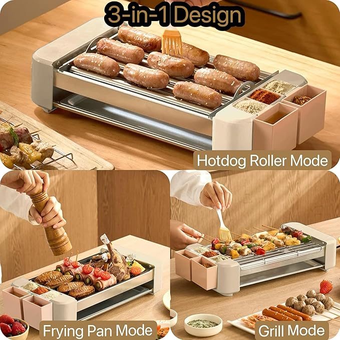 Electric Hot Dog Roller 6 Rollers,3 in 1 Indoor Grills Portable with Non-stick & Smokeless Removable Grill & BBQ Griddle Plate,Stainless Sausage Grill Cooker Machine, for Family party Use