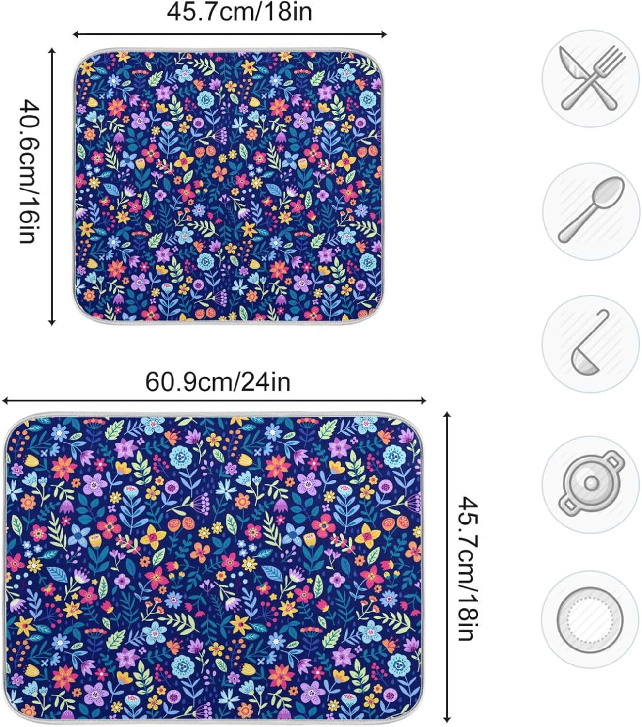 Cute Floral Flowers Dish Drying Mat for Kitchen Counter Absorbent Microfiber Drying Pad, Large 18x24 in, Reversible Drainer Mats