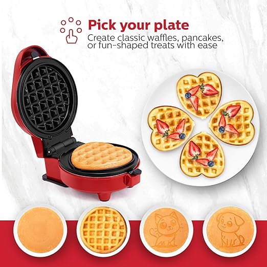 Holstein Housewares 5-in-1 Mini Waffle and Griddle Maker – 4-Inch Personal Appliance with 7 Removable Non-Stick Plates, Makes Puppy, Kitty, Heart-Shaped Waffles, Pancakes, Eggs & More