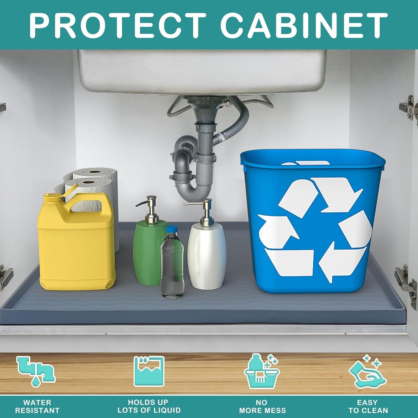 URMONA Waterproof Silicone Under Sink Mat 19'' x 12'' Shelf Liner for Kitchen and Bathroom, Cabinet and Counter Protector, Storage and Organizers, Litter Mat, Pet Cat Puppy Essentials(Black)
