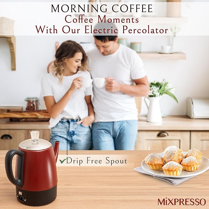 Mixpresso Red Small Electric Percolator Coffee Pot 4 Cup Stainless Steel - Coffee Percolator Electric with Keep Warm Function - Auto Shut-Off for Safe Daily Brewing