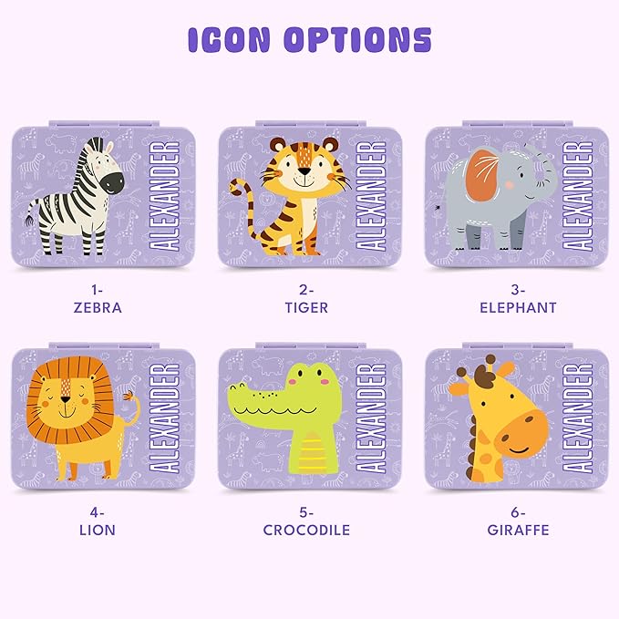 Personalized Bento Box for Kids with Safari Icon and Name - Lilac - 5 Compartments Drop-Proof Bento Box, Dishwasher Safe, Made with BPA-Free Materials, Bento Lunch Box for Kids and Toddlers