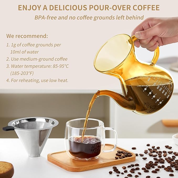 Unbreakable - Pour Over Coffee Maker with Double Stainless Filter 27 fl oz, Thickened Heat-Resistant Borosilicate Glass Pour Over Coffee Dripper, Stovetop Safe