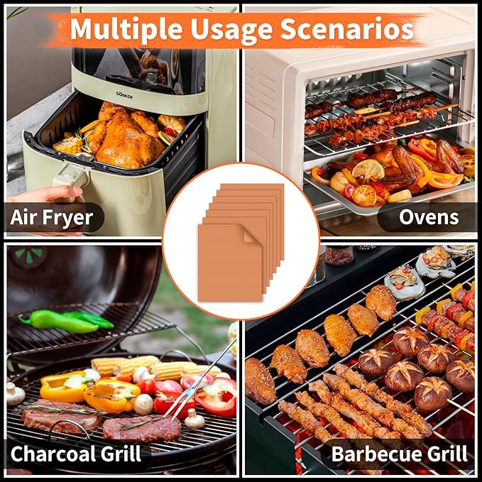 WIBIMEN Grill Mats for Outdoor Grill, Copper 9pcs Grill Mat, 100% Non-Stick PFOA Free 15.75 x 13", Heavy Duty, Reusable and Easy to Clean - Gas Charcoal & Electric BBQ
