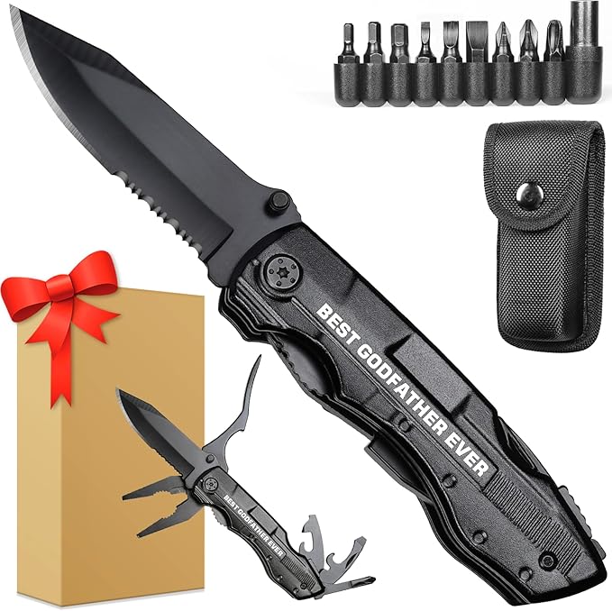 Godfather Gift, Multitool Knife, Godfather Proposal Gifts, Godfather’s Gifts from godchild, Christmas Practical Present, Gift for Camping, Hiking, Fishing, 20 in 1 Multitool