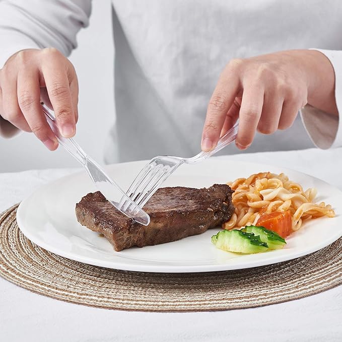 Cutlery Set Plastic Utensils Clear Forks Spoons Knives Disposable Silverware Heavyweight [300 Combo Box] (Formerly FULING)