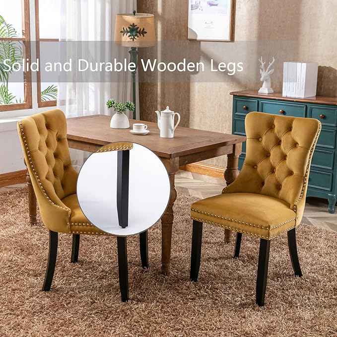 Velvet Dining Chairs Set of 4, Upholstered Dining Room Chairs with Back Ring Pull Trim and Solid Wood Legs,Tufted Wingback Kitchen Chair Perfect for Dining Room,Living Room,Kitchen(Gold)
