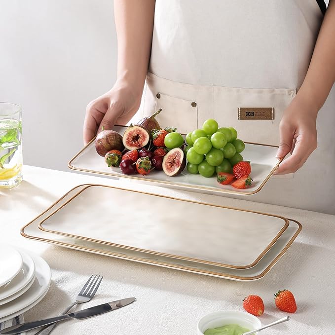 Ceramic Rectangle Serving Platter with Brown Rim: 15.6/14.1/12.6 Inch Large Serving Dishes for Entertaining Party, Sushi, Turkey, Cheese, Snack and Dessert, Microwave Dishwasher Safe