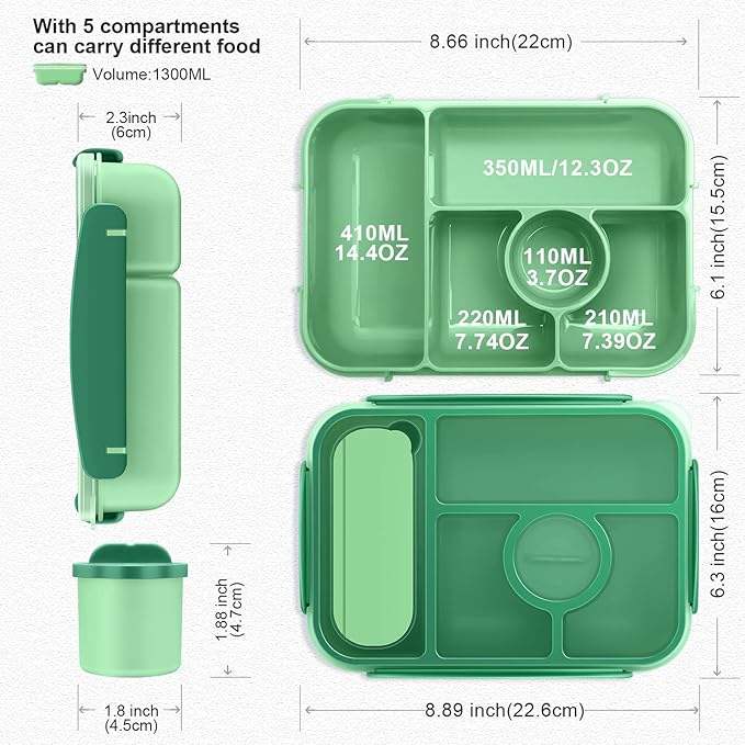 Amathley Bento Box Adult Lunch Box Kids,Lunch Containers for Adults/Kids/Toddler,5 Compartments Bento Lunch Box with Sauce Vontainers,Microwave & Dishwasher & Freezer Safe,BPA-Free (Green)