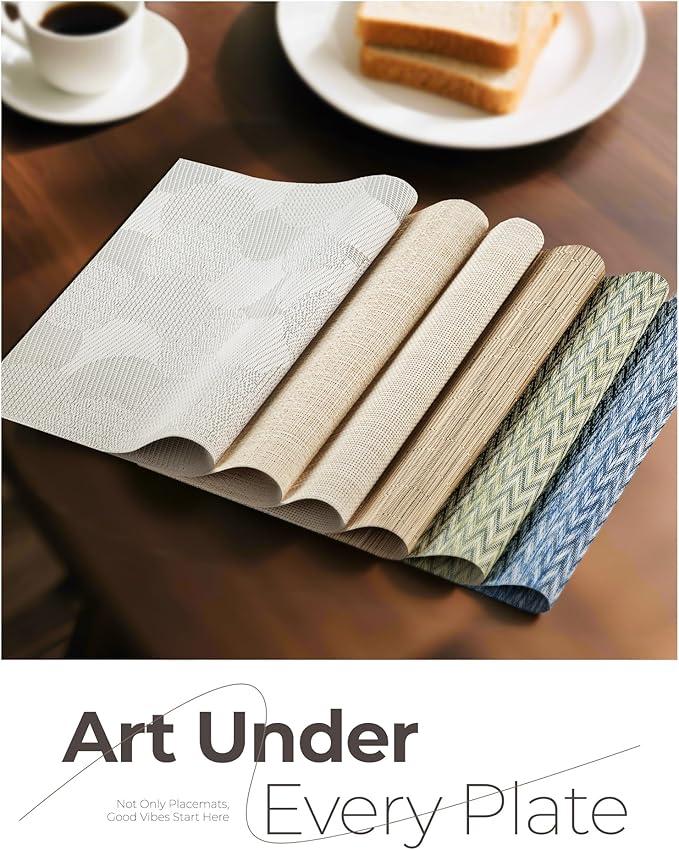 Leetaltree Beige Placemats Set of 12 - Heat Resistant Non-Slip Place mats for Dining Table, Washable Durable PVC Vinyl Woven Table Mats(Beige, 12)